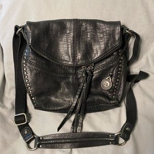 The Sak black leather bag purse crossbody long straps zipper
